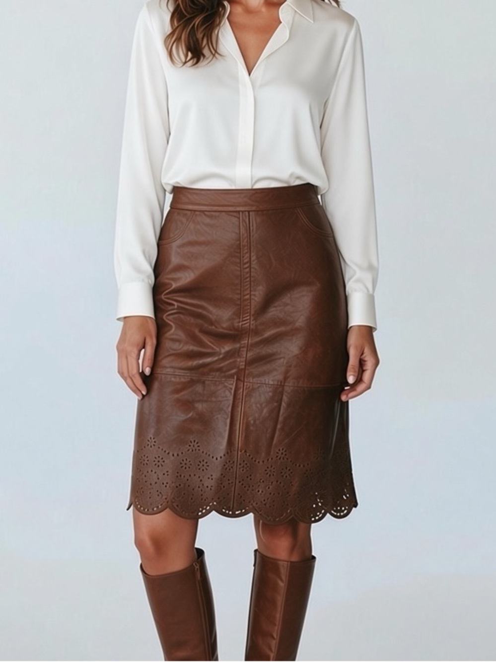 K-OSS Vintage 90s Brown Leather Scallop-Hem Laser Cut Patchwork Skirt 8